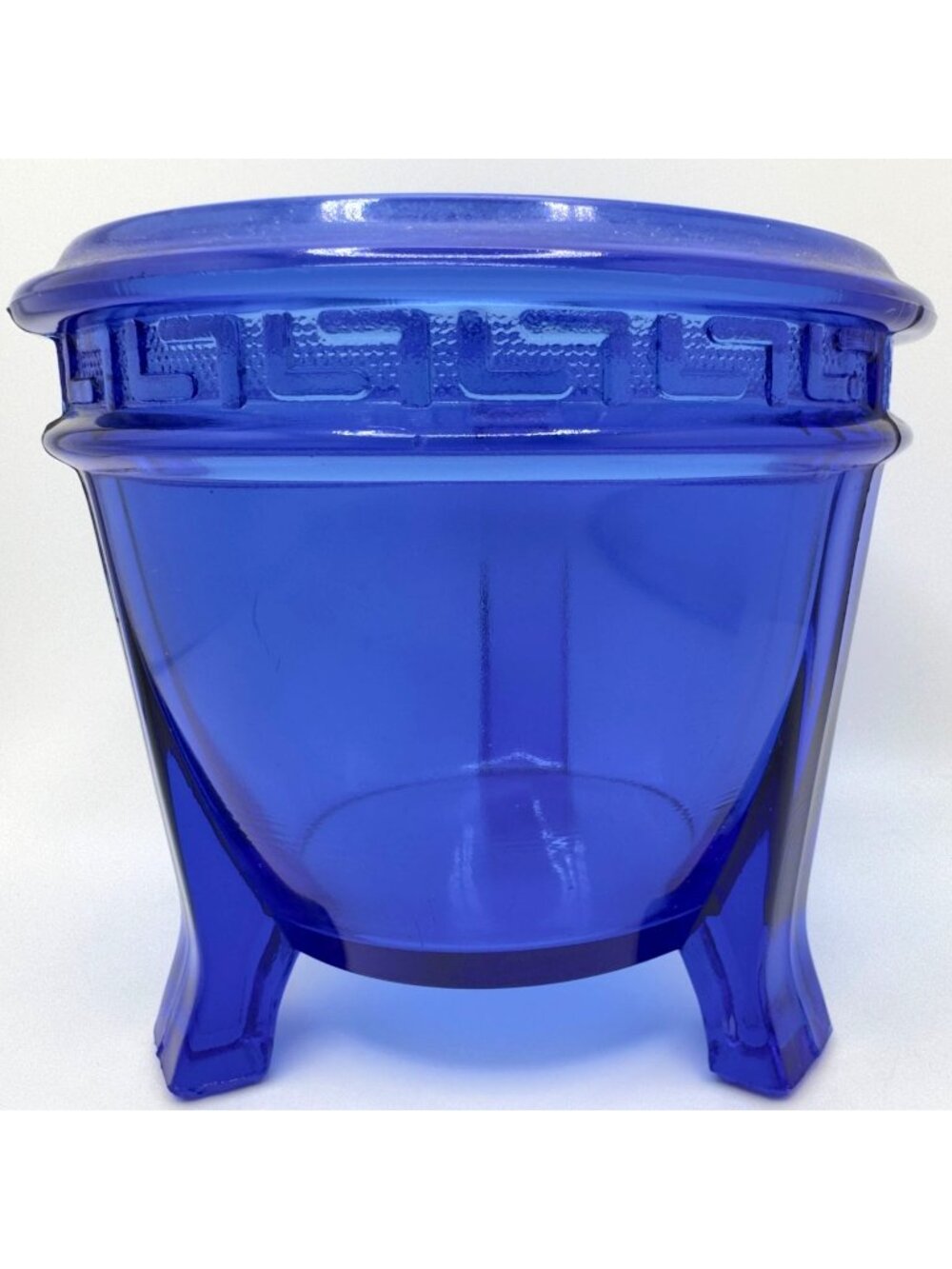 L.E. Smith Art Deco Cobalt Blue Glass Greek Key Fern Bowl Vase 3-Legged Vtg